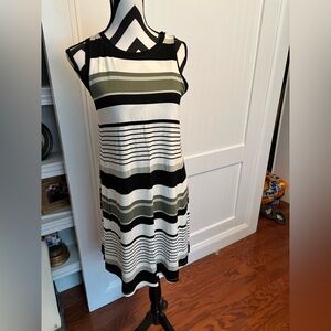 LOFT Sleeveless Striped Midi Dress in Black, White & Olive Green